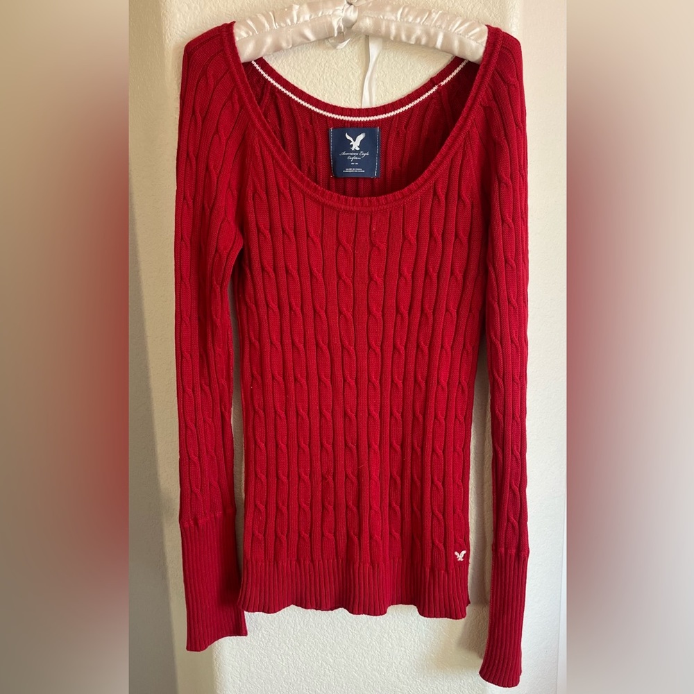 American Eagle Outfitters Red Cable Knit Scoop-Neck Sweater